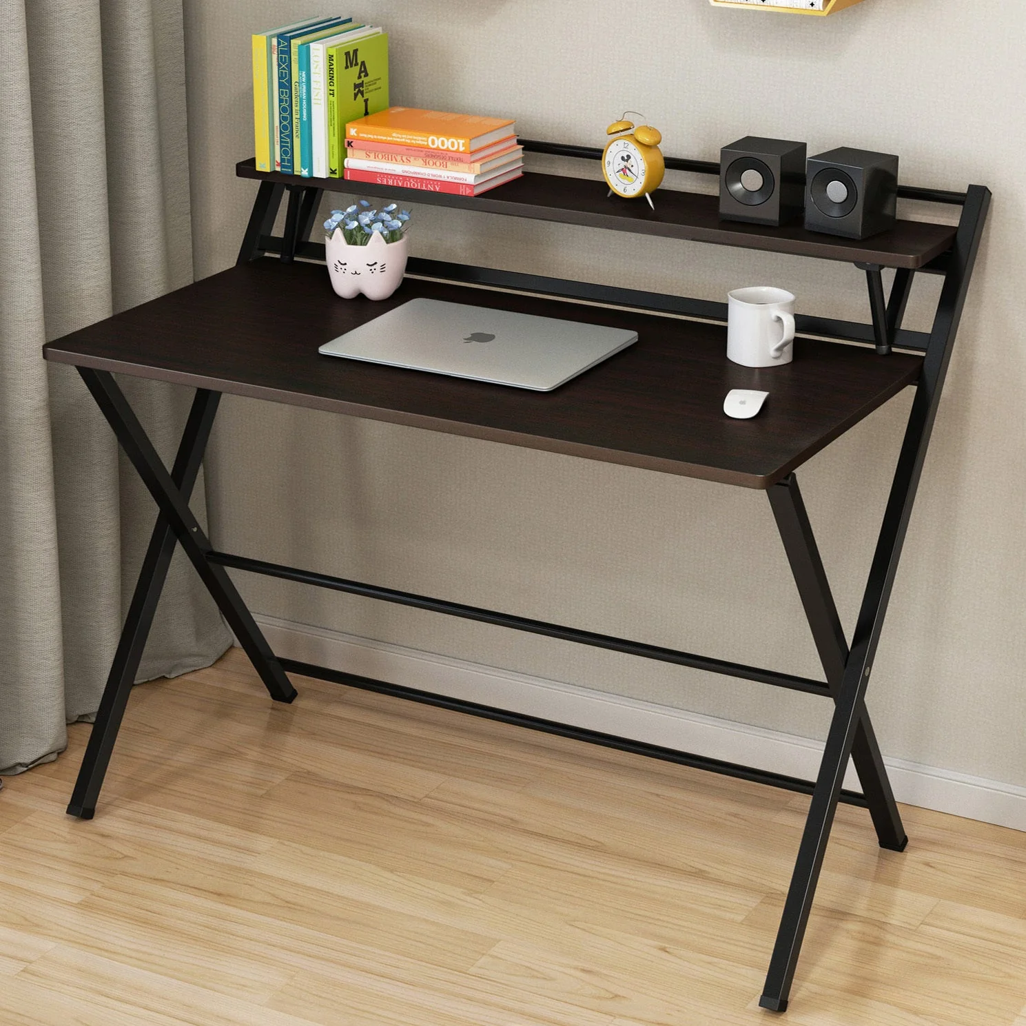 100cm Express Folding Desk with Shelf (Black Walnut) - Image 5