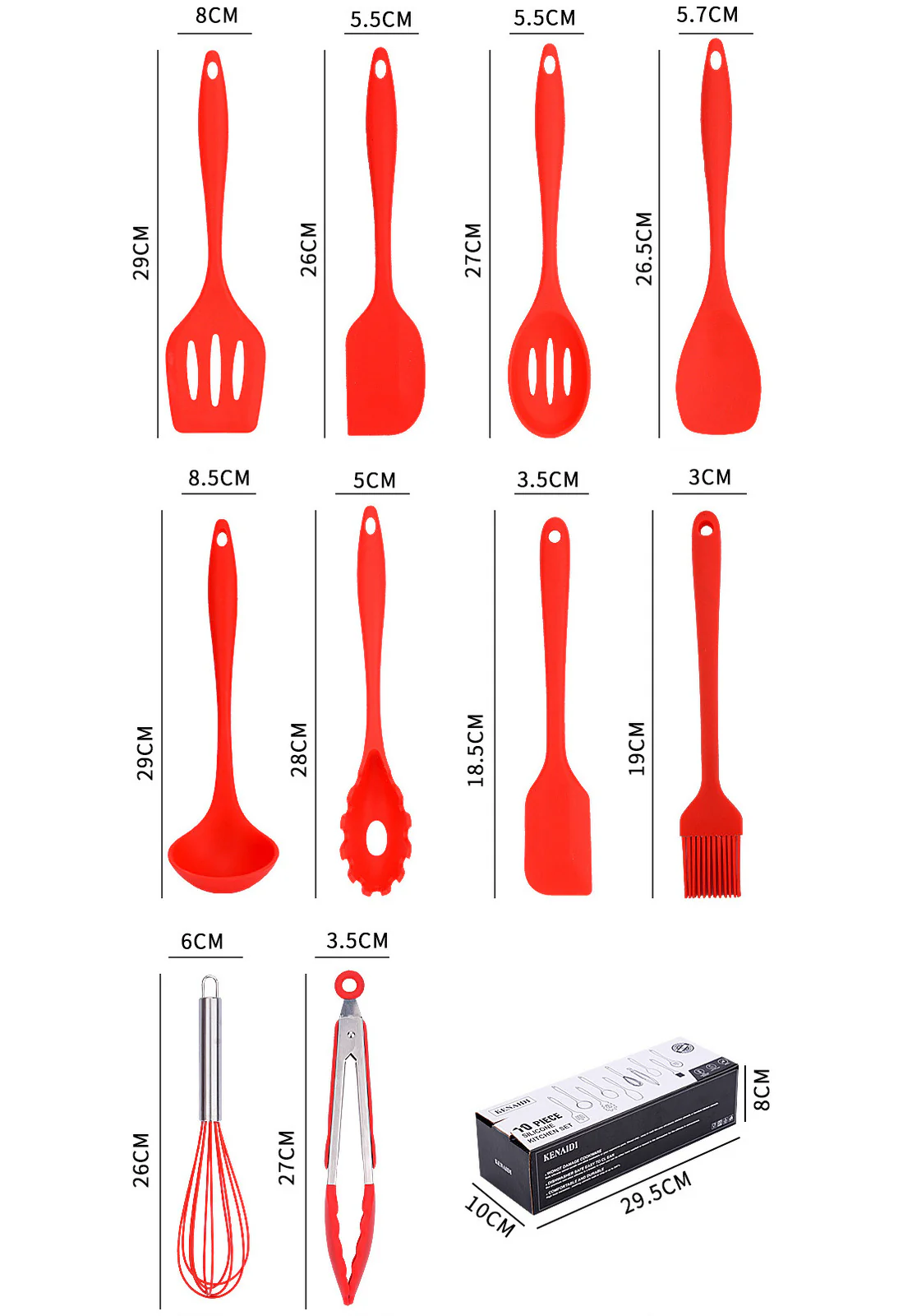 10PC Silicone Kitchen Cooking Baking Utensil Set (Red) - Image 7