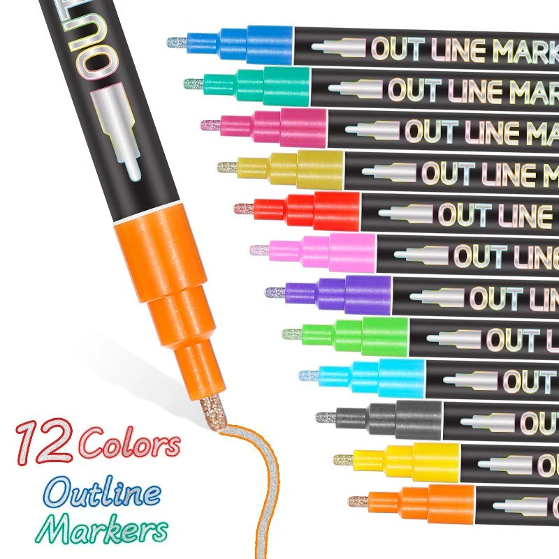 12 Colours Outline Markers Metallic Magic Glitter Art Drawing Pens - Image 13