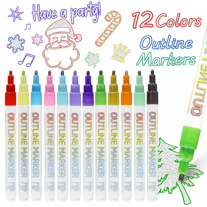 12 Colours Outline Markers Metallic Magic Glitter Art Drawing Pens - Image 2
