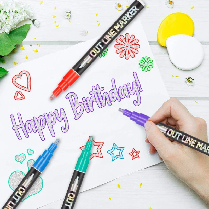 12 Colours Outline Markers Metallic Magic Glitter Art Drawing Pens - Image 4