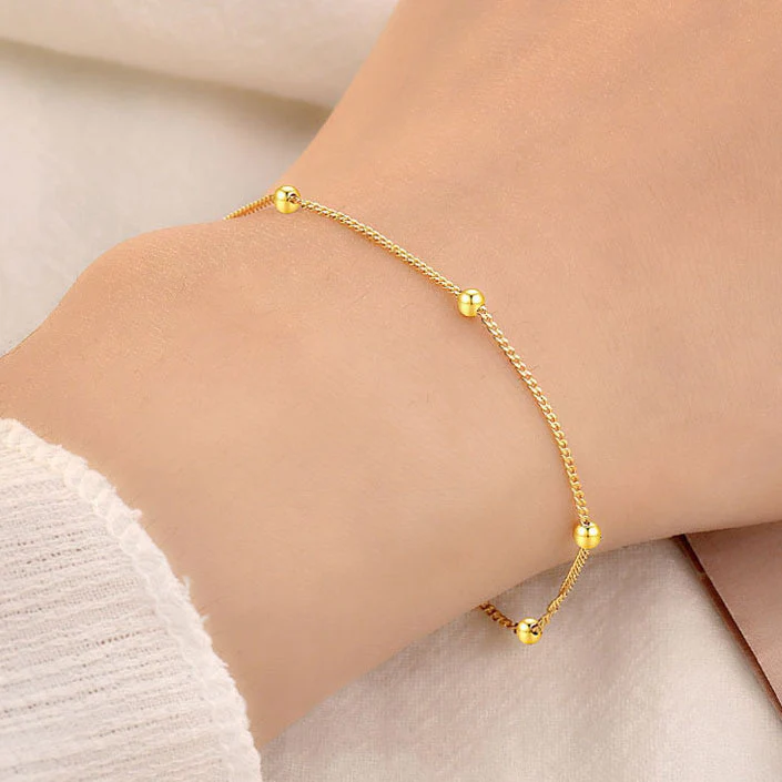 14K Gold-Plated Sterling Silver Beaded Bracelet Adjustable S925 Fine Jewelry - Image 6