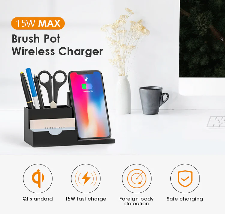15W Wireless Fast Charger Charging Station and Pen Holder Desk Organizer - Image 4