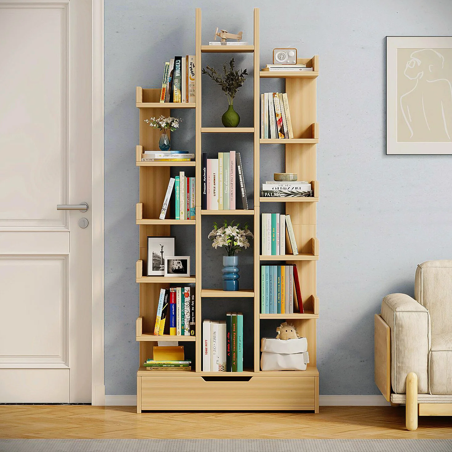 18-Shelf Brilliance Bookshelf Display Cabinet Shelf Bookcase Storage Organizer (Natural Oak) - Image 11