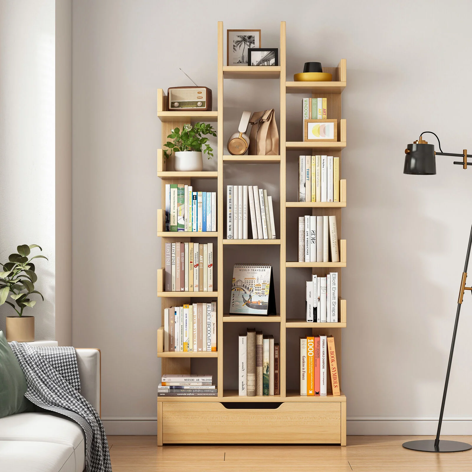 18-Shelf Brilliance Bookshelf Display Cabinet Shelf Bookcase Storage Organizer (Natural Oak) - Image 4