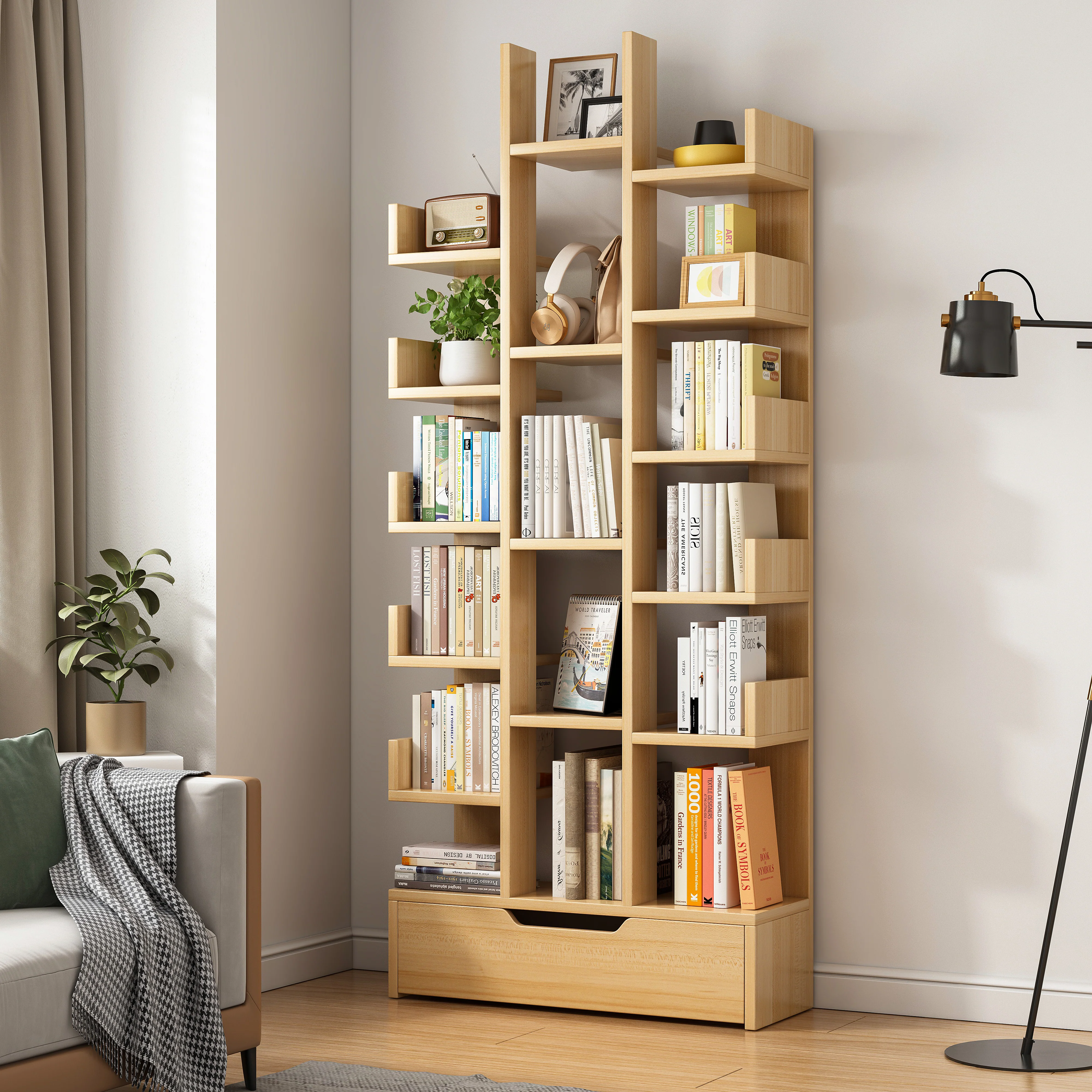 18-Shelf Brilliance Bookshelf Display Cabinet Shelf Bookcase Storage Organizer (Natural Oak) - Image 6