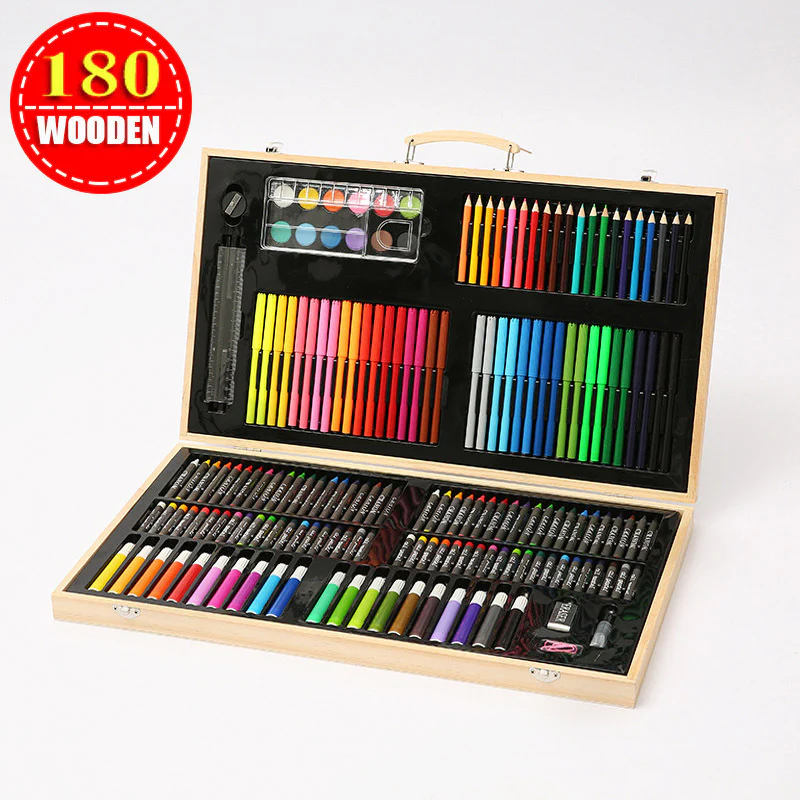 180 PC Large Complete Painting Set In Wooden Box Drawing Colour Pens Kit - Image 5