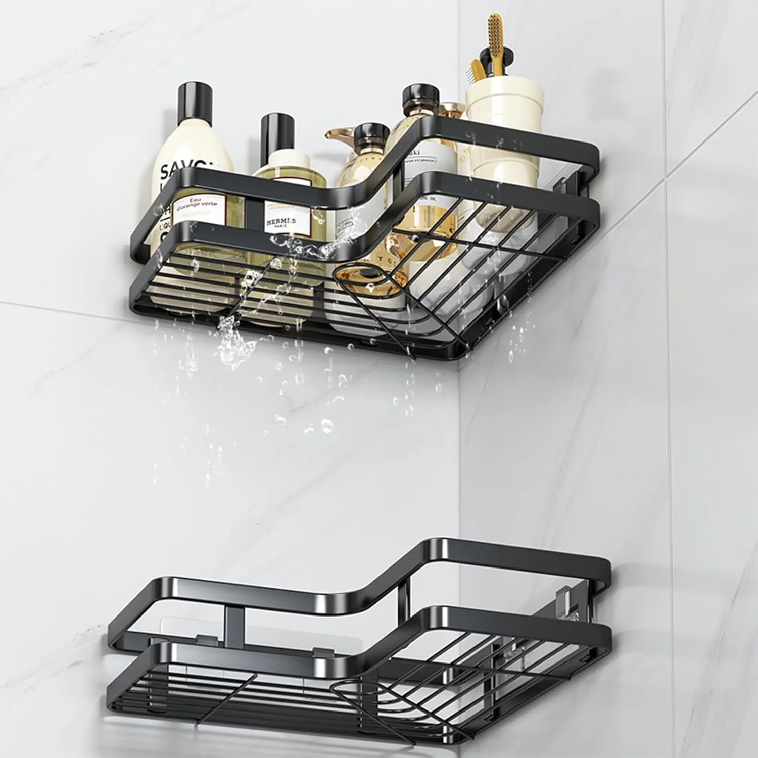 2 Piece Corner Shower Shelves Bathroom Kitchen Wall Mounted Organiser Set - Image 5