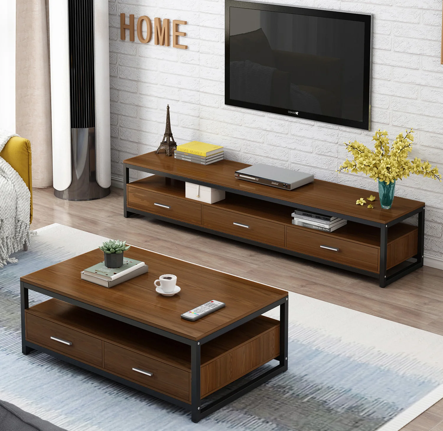 2-Piece Set Athena Coffee Table & TV Cabinet with Drawers (Walnut) - Image 11