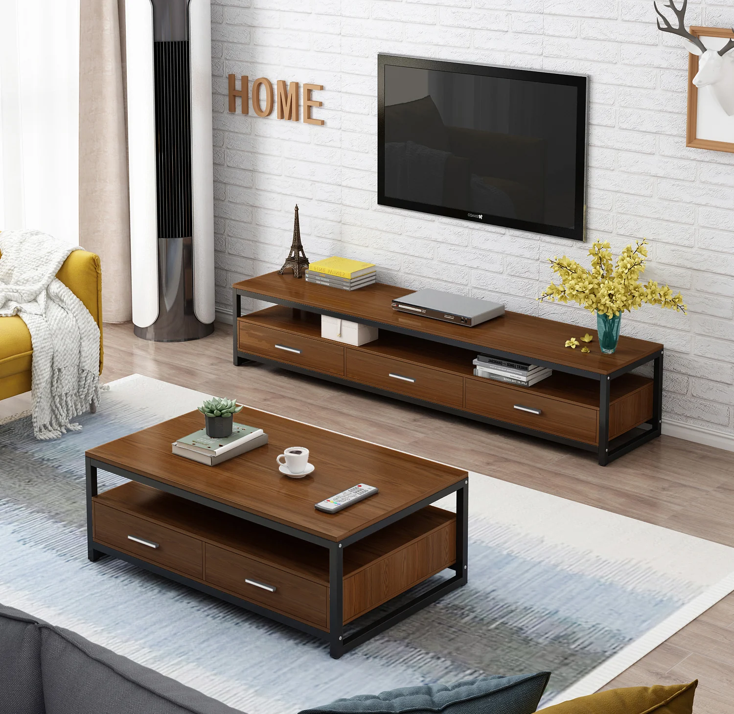 2-Piece Set Athena Coffee Table & TV Cabinet with Drawers (Walnut) - Image 3