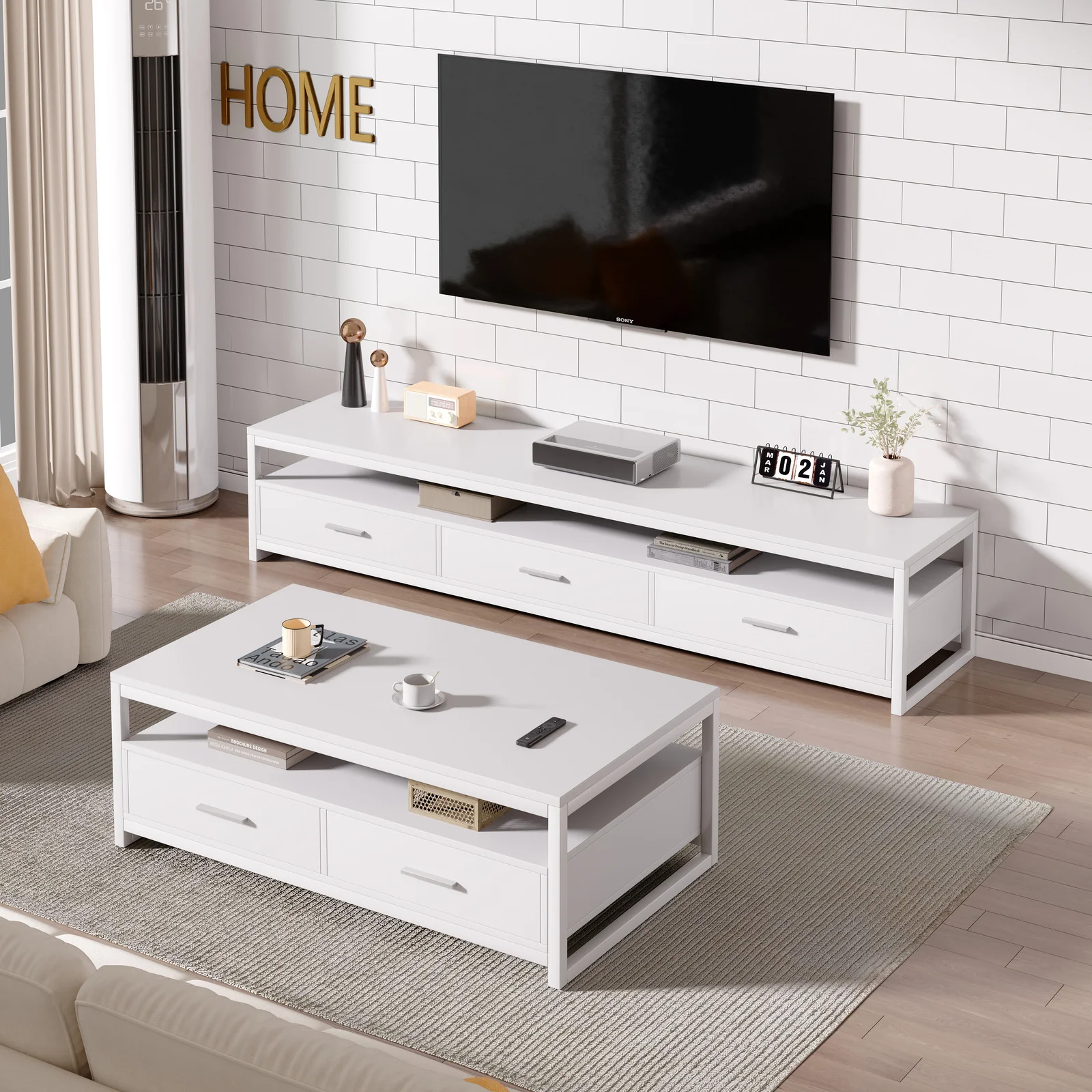2-Piece Set Athena Coffee Table & TV Cabinet with Drawers (White) - Image 12