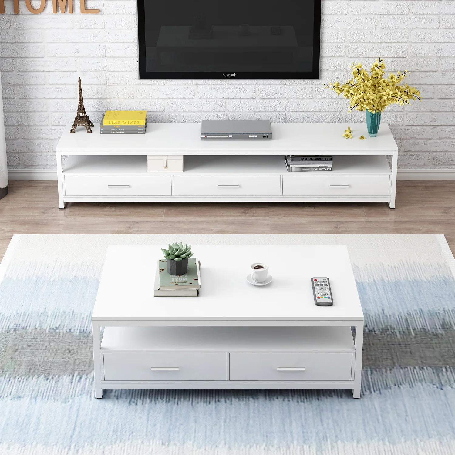2-Piece Set Athena Coffee Table & TV Cabinet with Drawers (White) - Image 3