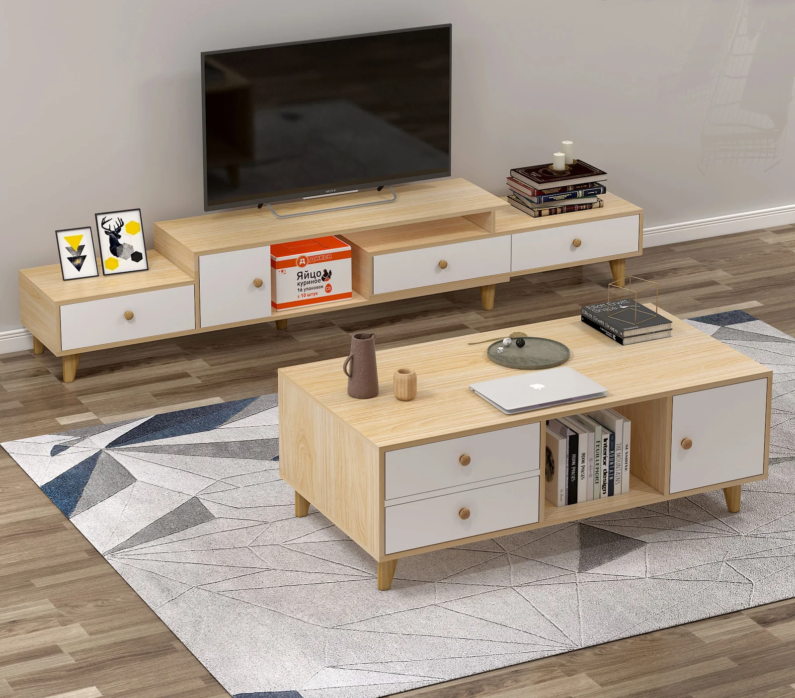 2-Piece Set Deluxe Unity Wooden Coffee Table & TV Cabinet Living Room Package - Image 11