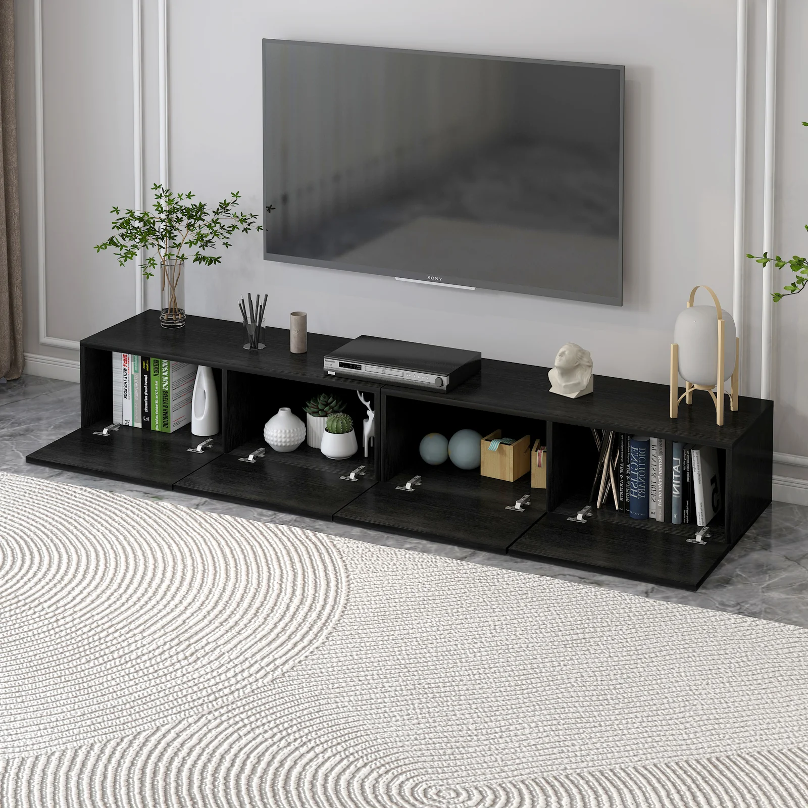 2-Piece Set Lusso Designer Wooden Coffee Table & 2.4m TV Cabinet (Black) - Image 9