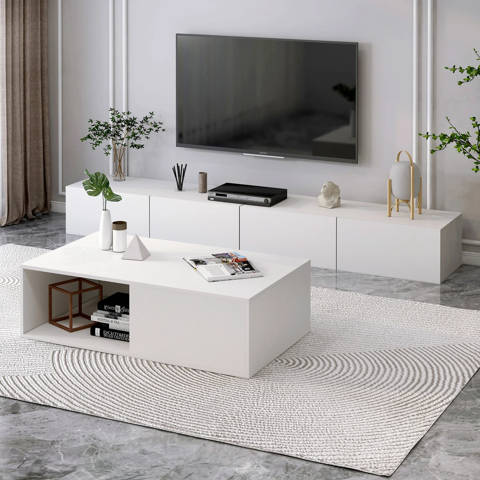 2-Piece Set Lusso Designer Wooden Coffee Table & 2.4m TV Cabinet (White) - Image 12