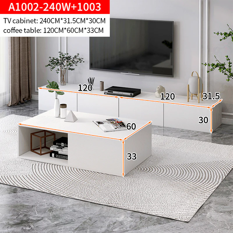 2-Piece Set Lusso Designer Wooden Coffee Table & 2.4m TV Cabinet (White) - Image 7
