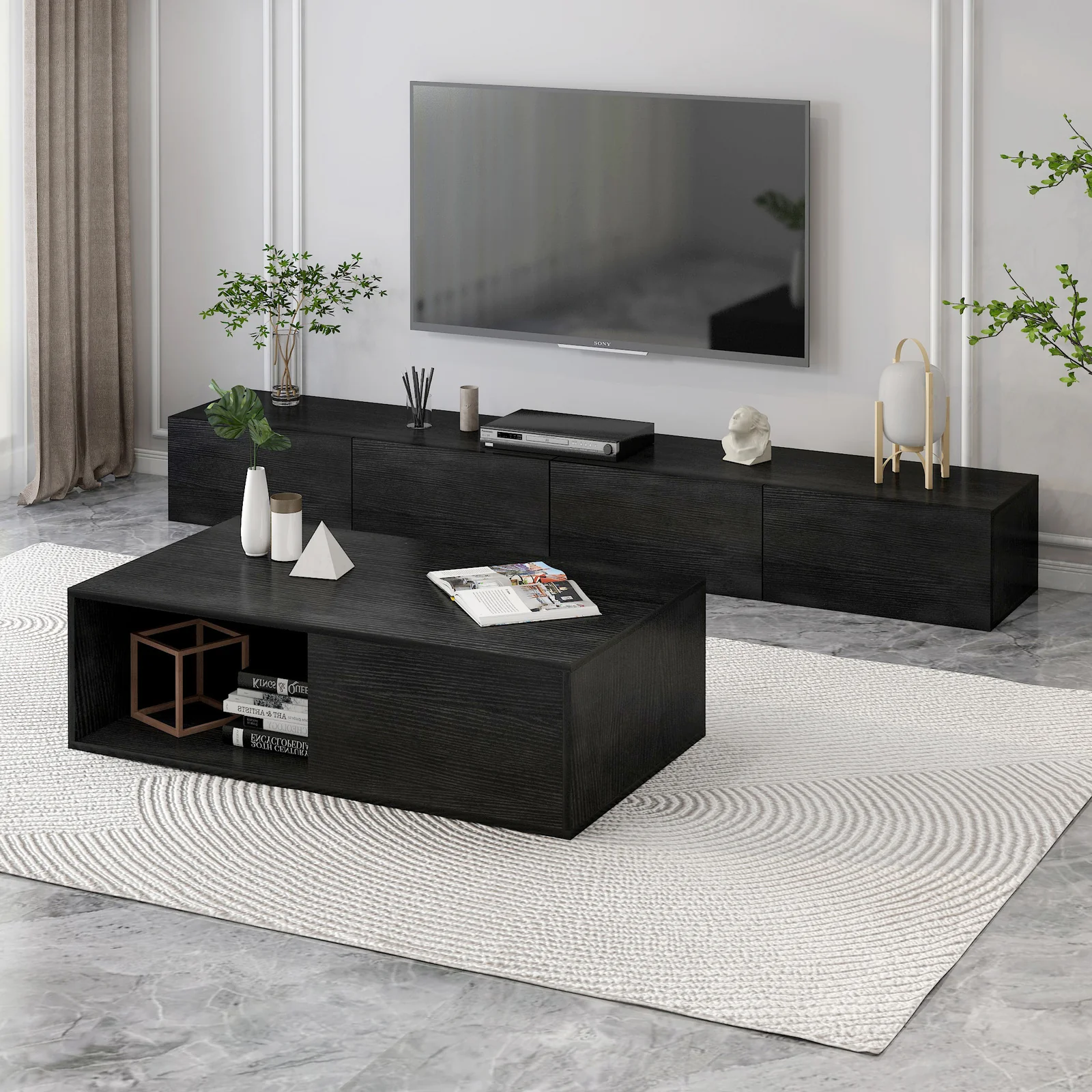 2-Piece Set Lusso Designer Wooden Coffee Table & 2m TV Cabinet (Black) - Image 13