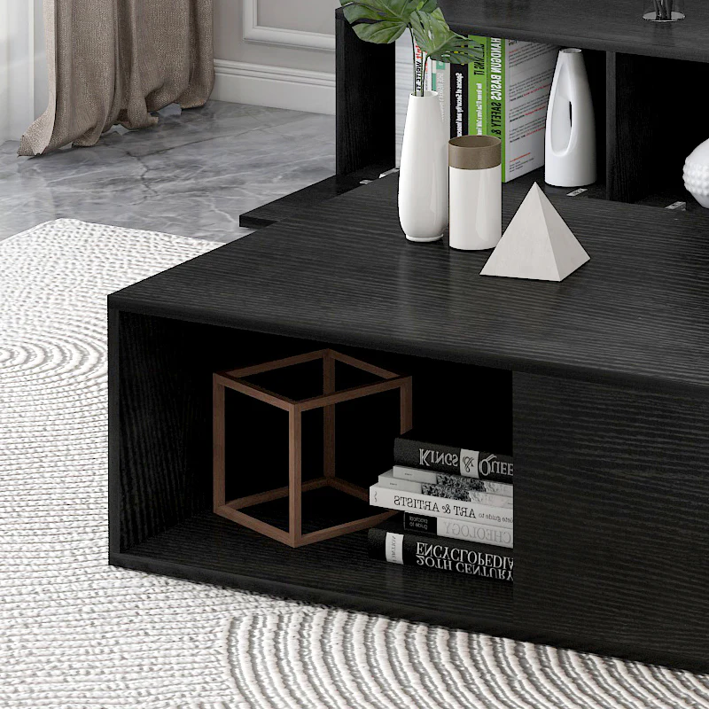 2-Piece Set Lusso Designer Wooden Coffee Table & 2m TV Cabinet (Black) - Image 6