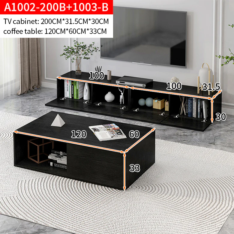 2-Piece Set Lusso Designer Wooden Coffee Table & 2m TV Cabinet (Black) - Image 7