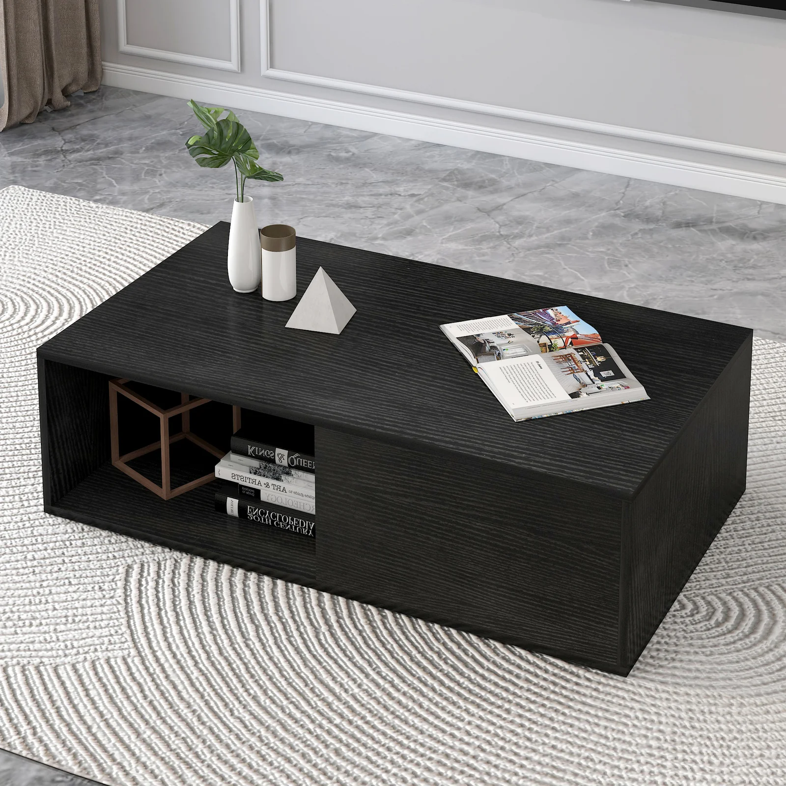 2-Piece Set Lusso Designer Wooden Coffee Table & 2m TV Cabinet (Black) - Image 9