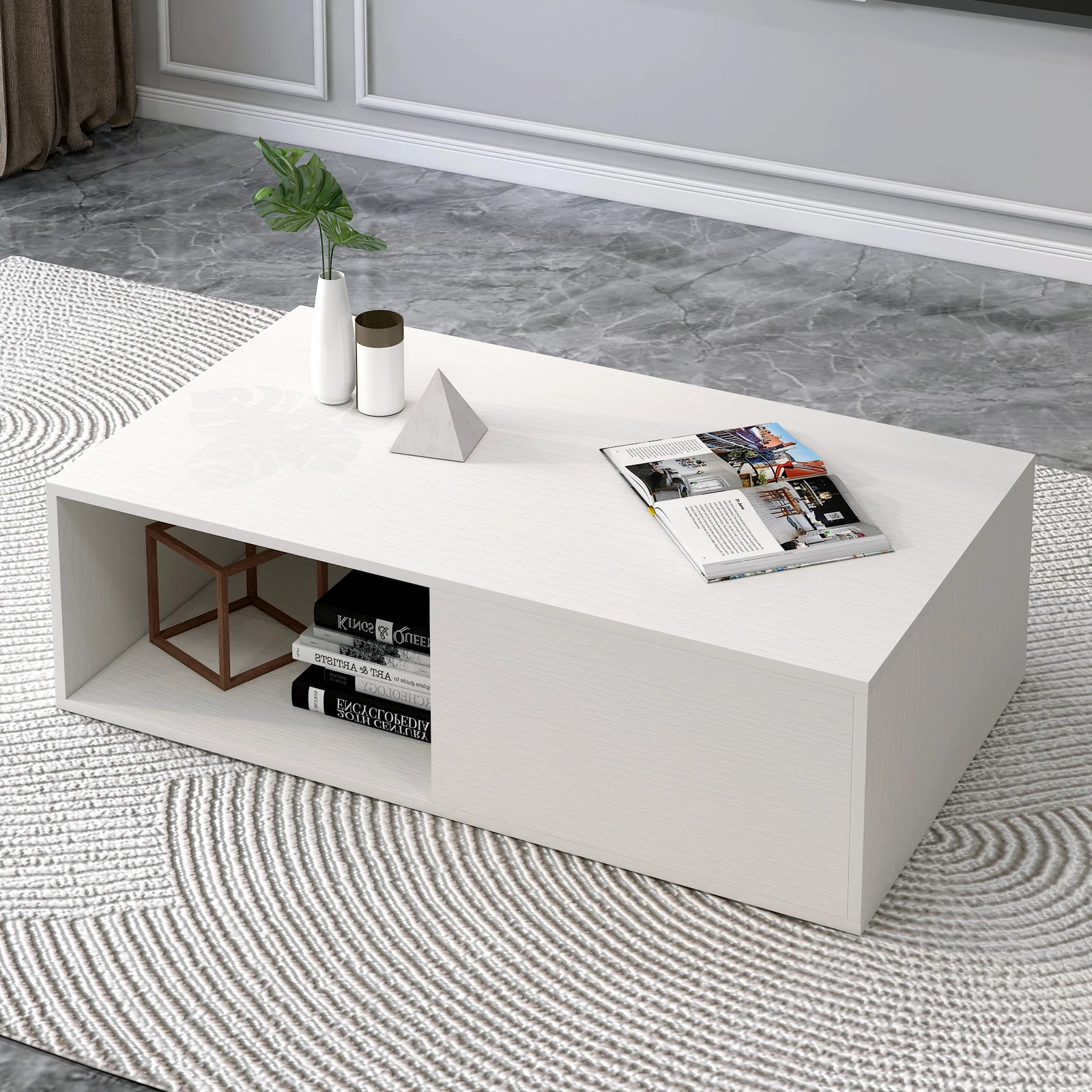 2-Piece Set Lusso Designer Wooden Coffee Table & 2m TV Cabinet (White) - Image 10