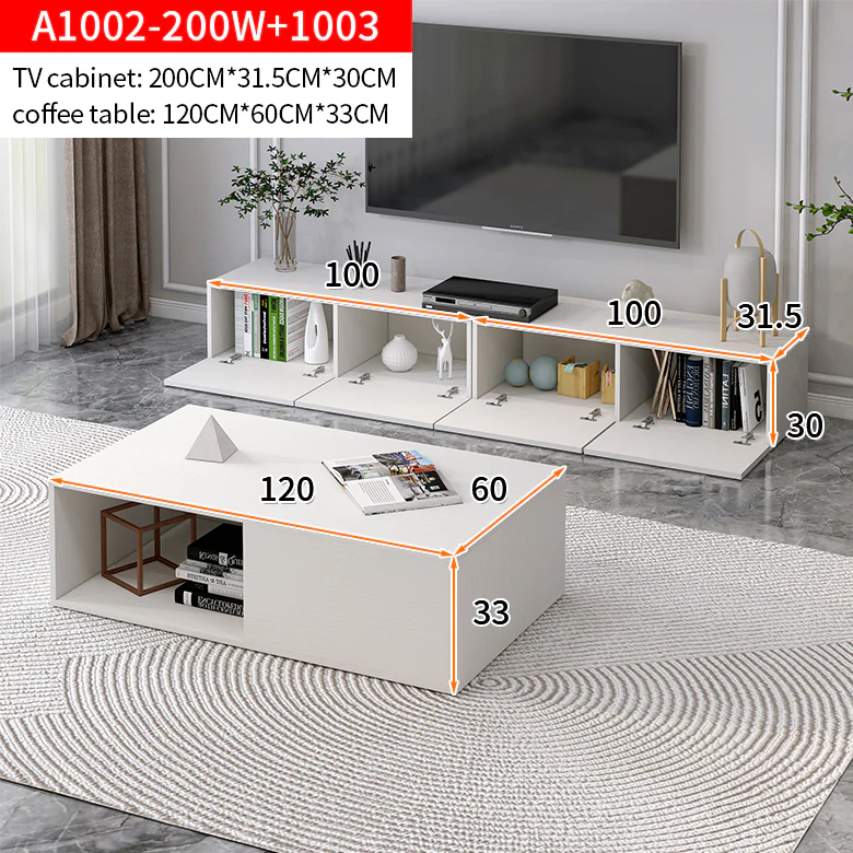 2-Piece Set Lusso Designer Wooden Coffee Table & 2m TV Cabinet (White) - Image 7