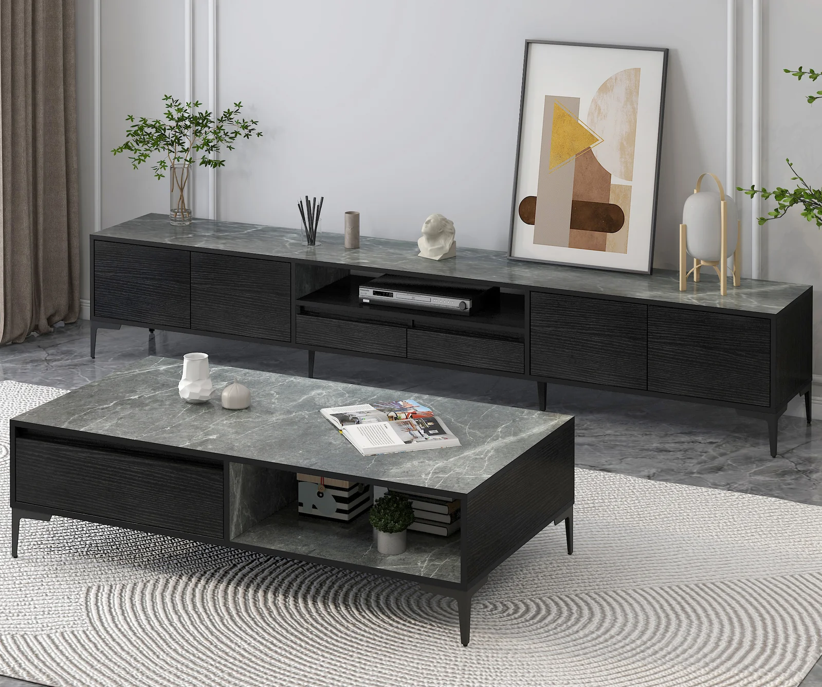 2-Piece Set Minimalist Large Coffee Table & 2m TV Cabinet - Image 7