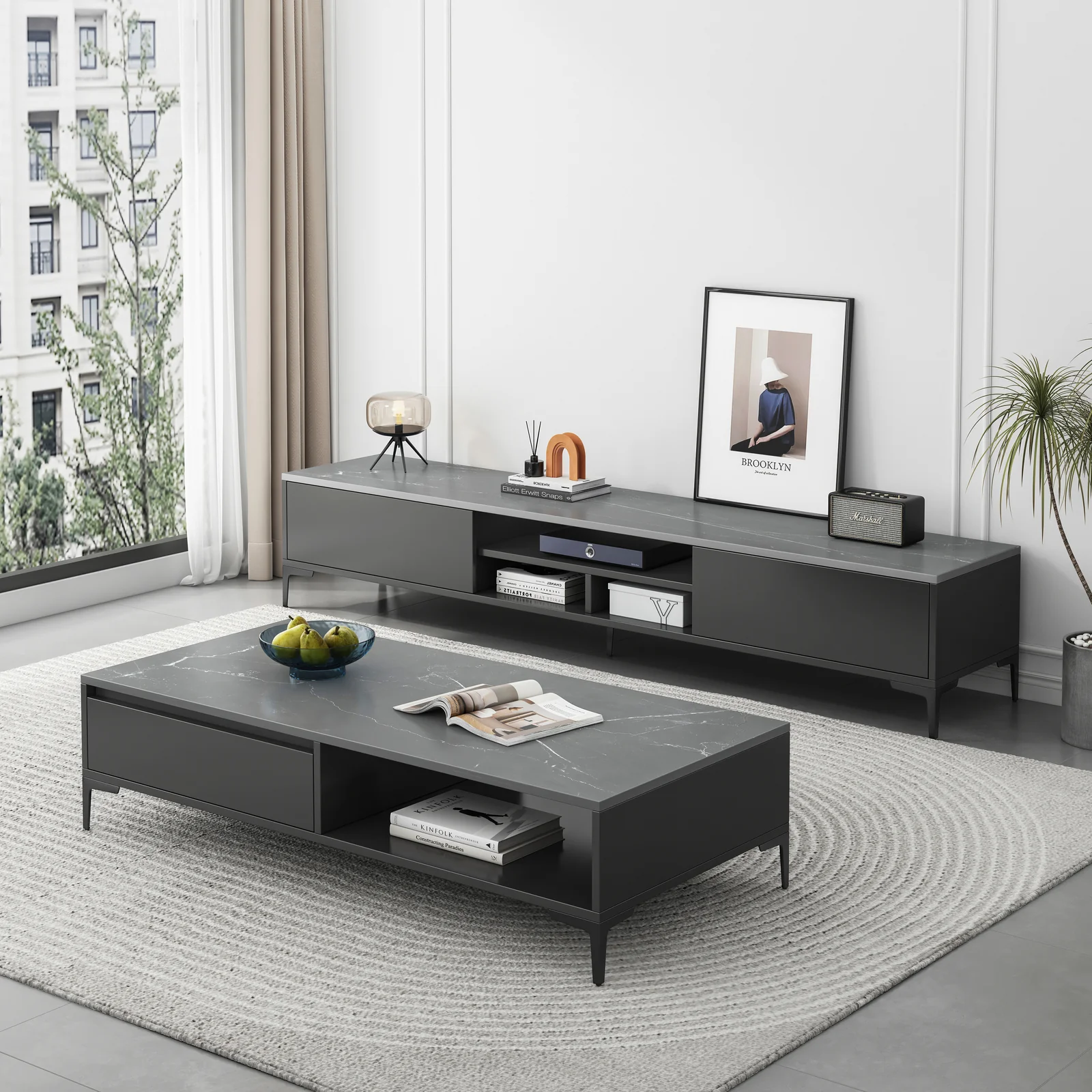 2-Piece Set Minimalist Large Coffee Table & TV Cabinet - Image 6