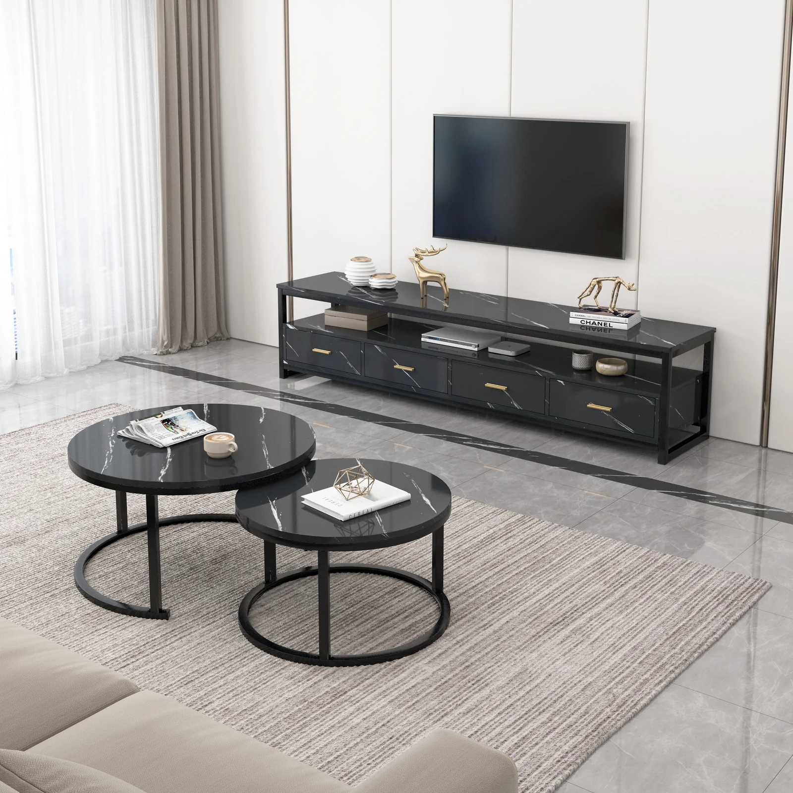 2-Piece Set Synergy Luxury Marble Look Coffee Table & TV Cabinet (Black) - Image 2