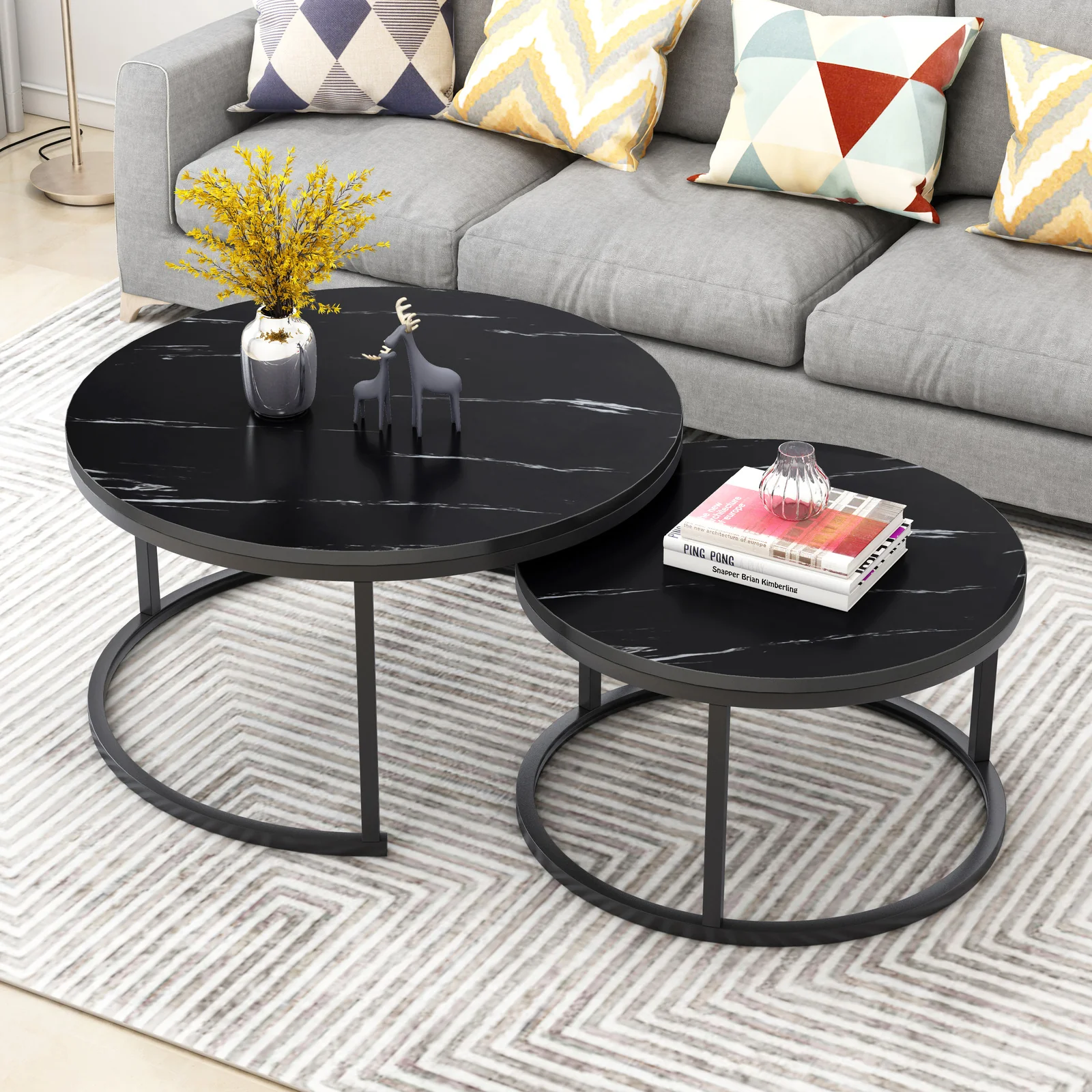 2-Piece Set Synergy Luxury Marble Look Coffee Table & TV Cabinet (Black) - Image 4