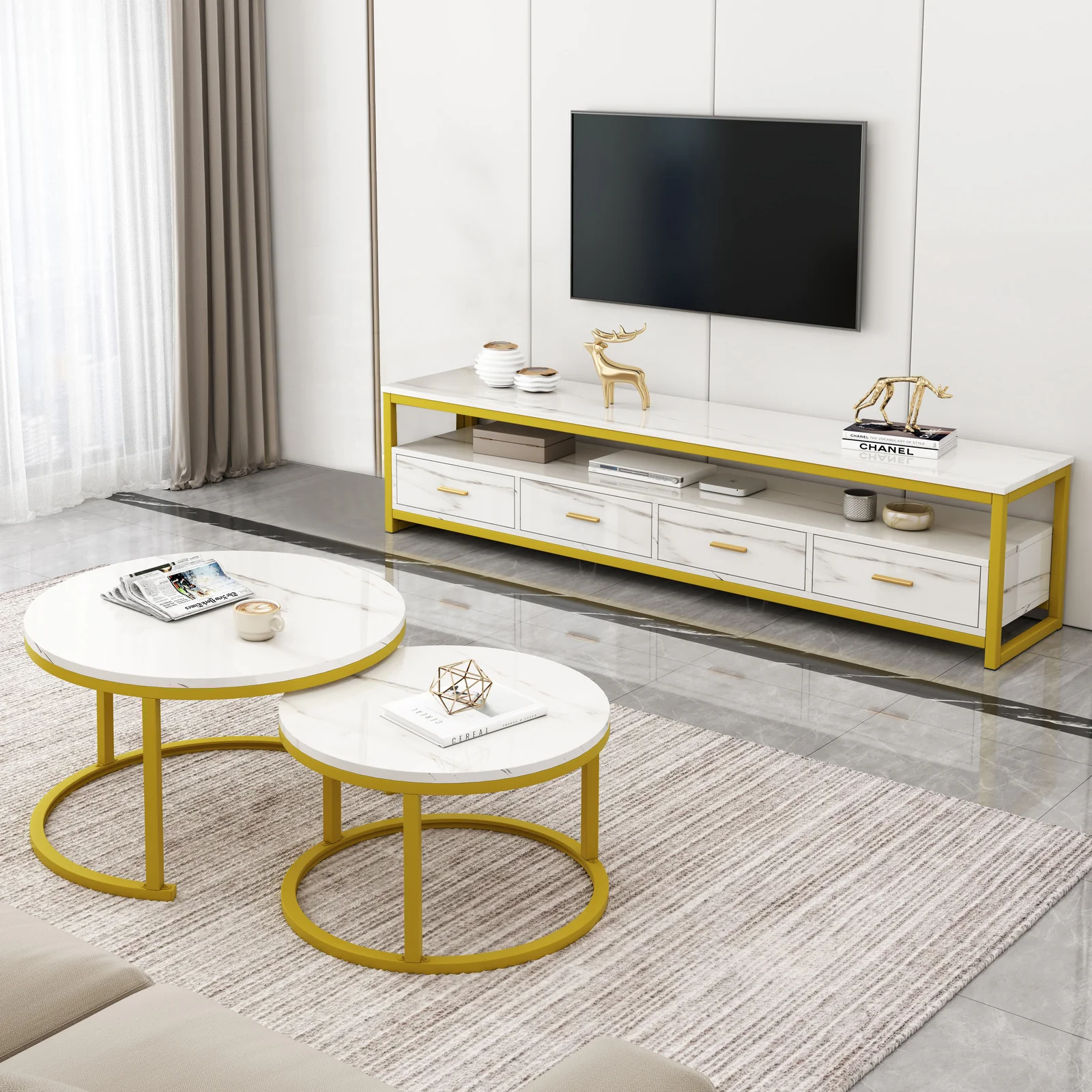 2-Piece Set Synergy Luxury Marble Look Coffee Table & TV Cabinet (White) - Image 14