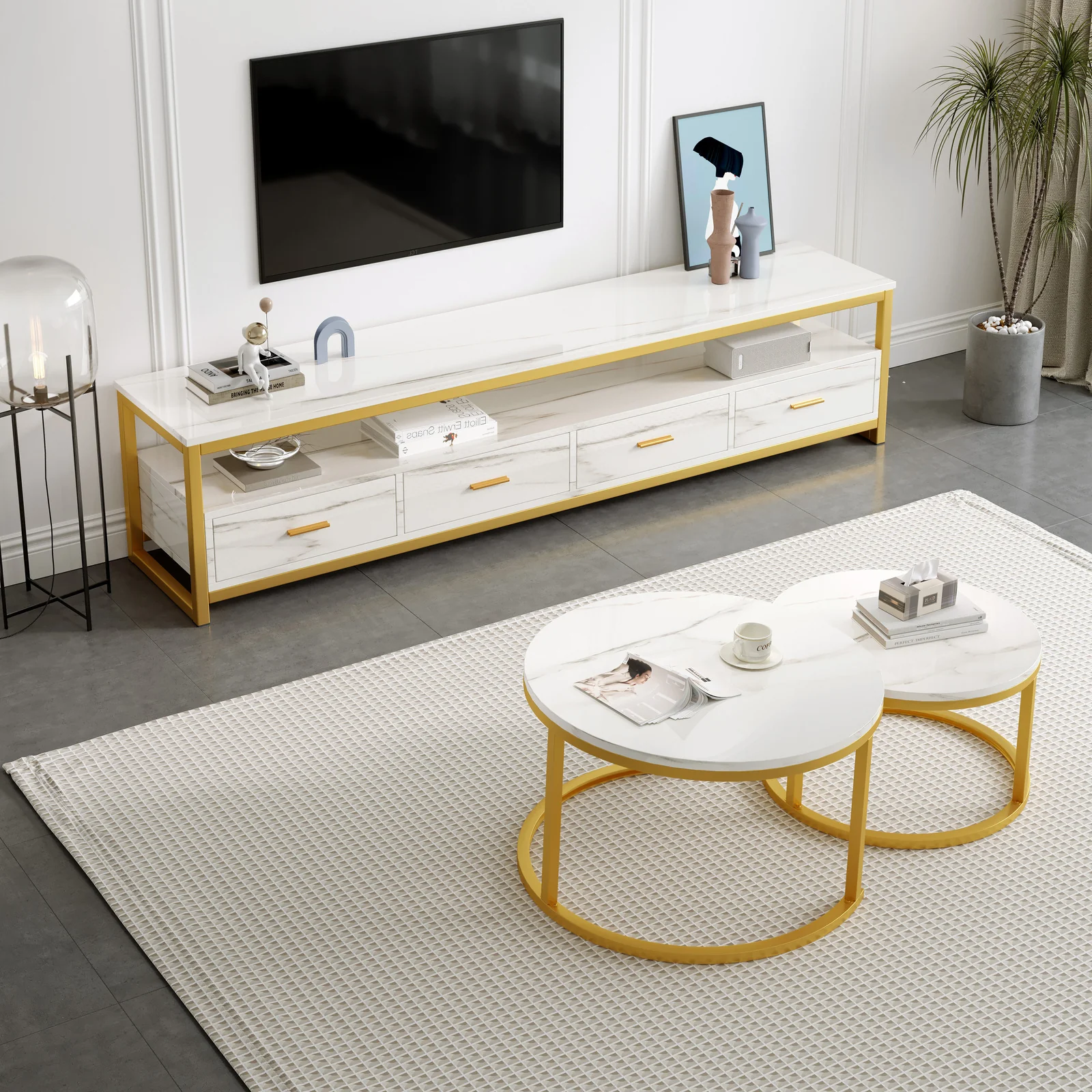 2-Piece Set Synergy Luxury Marble Look Coffee Table & TV Cabinet (White) - Image 2