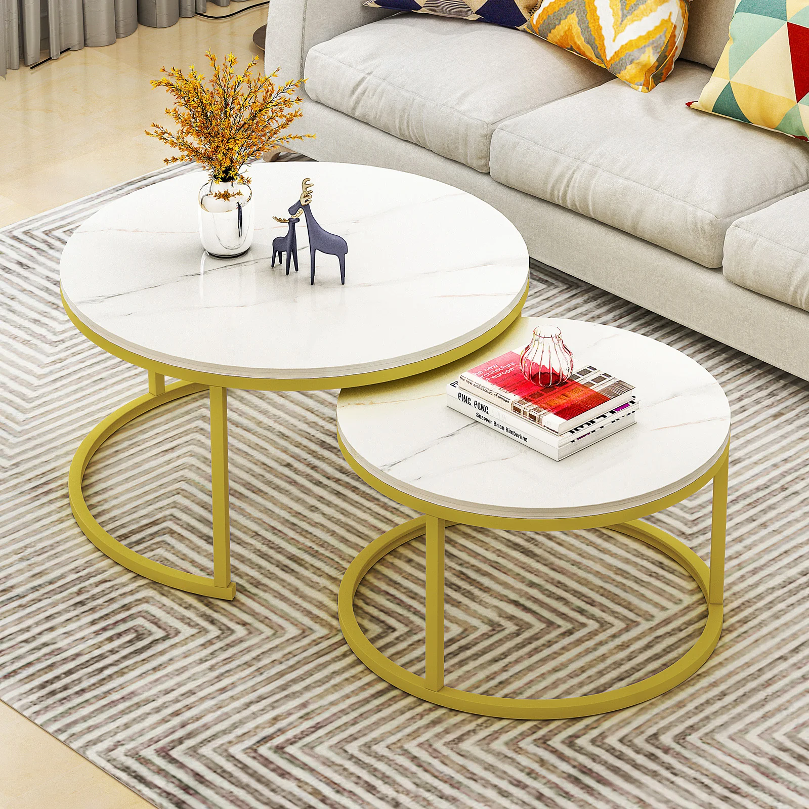 2-Piece Set Synergy Luxury Marble Look Coffee Table & TV Cabinet (White) - Image 4