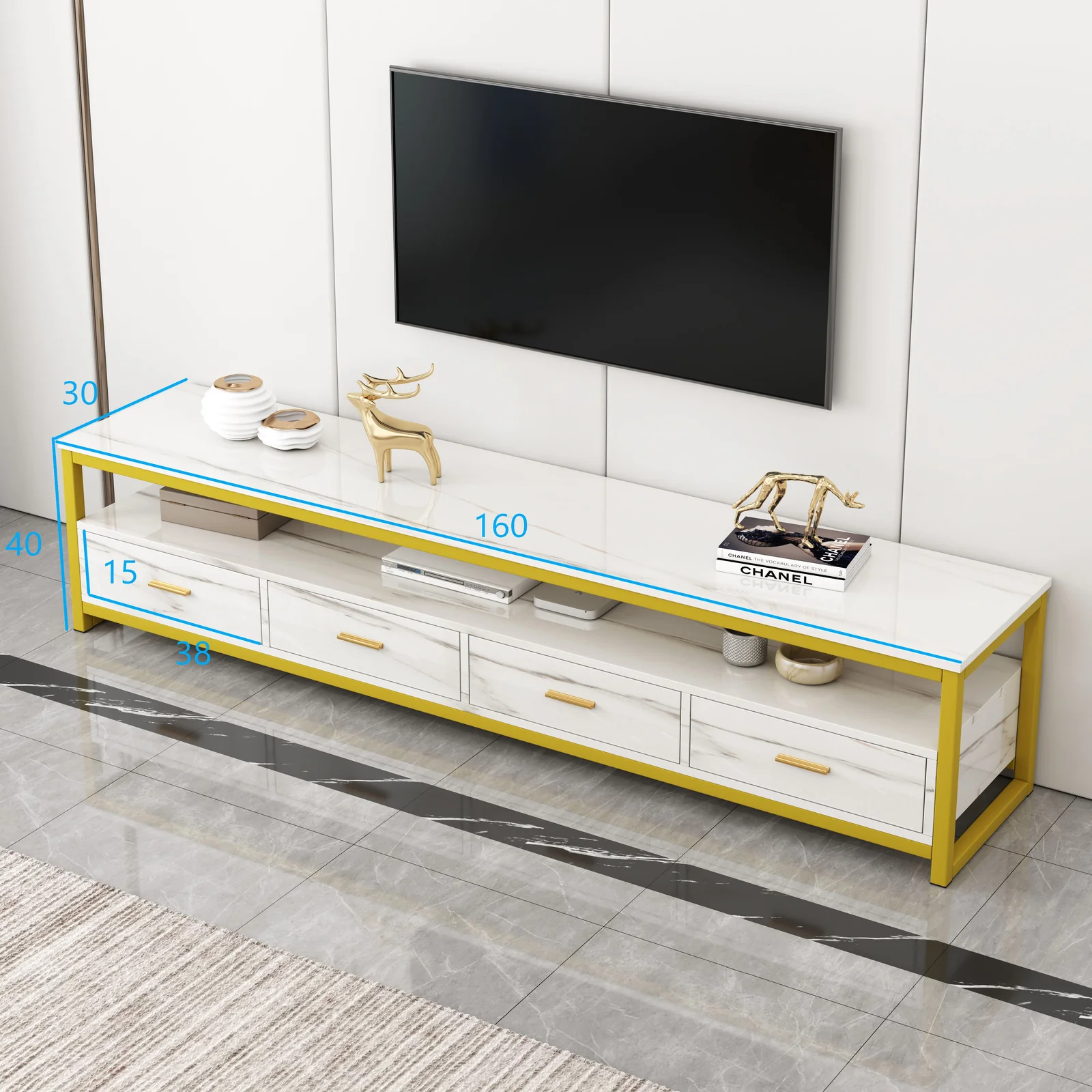 2-Piece Set Synergy Luxury Marble Look Coffee Table & TV Cabinet (White) - Image 9