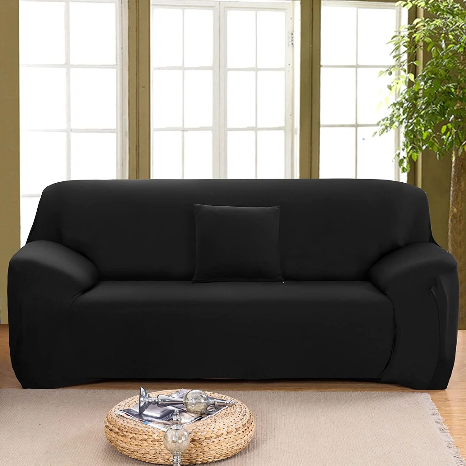 2-Seater Sofa Cover Stretch Set: Lounge Couch & Cushion Protector (Black) - Image 2