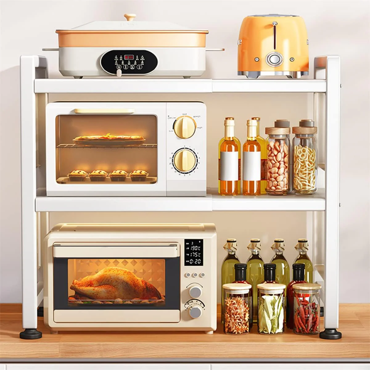 2-Tier Adjustable Multifunction Steel Microwave Oven Rack Stand Kitchen Shelf (Black) - Image 7