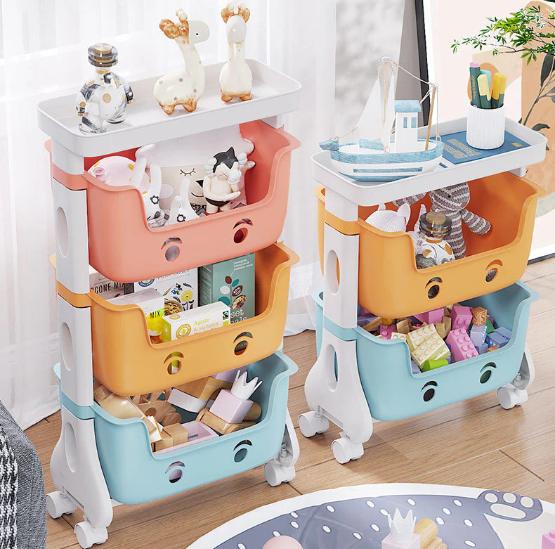 2-Tier Adorable Toy Shelf Organiser Trolley Storage Baskets with Wheels - Image 3