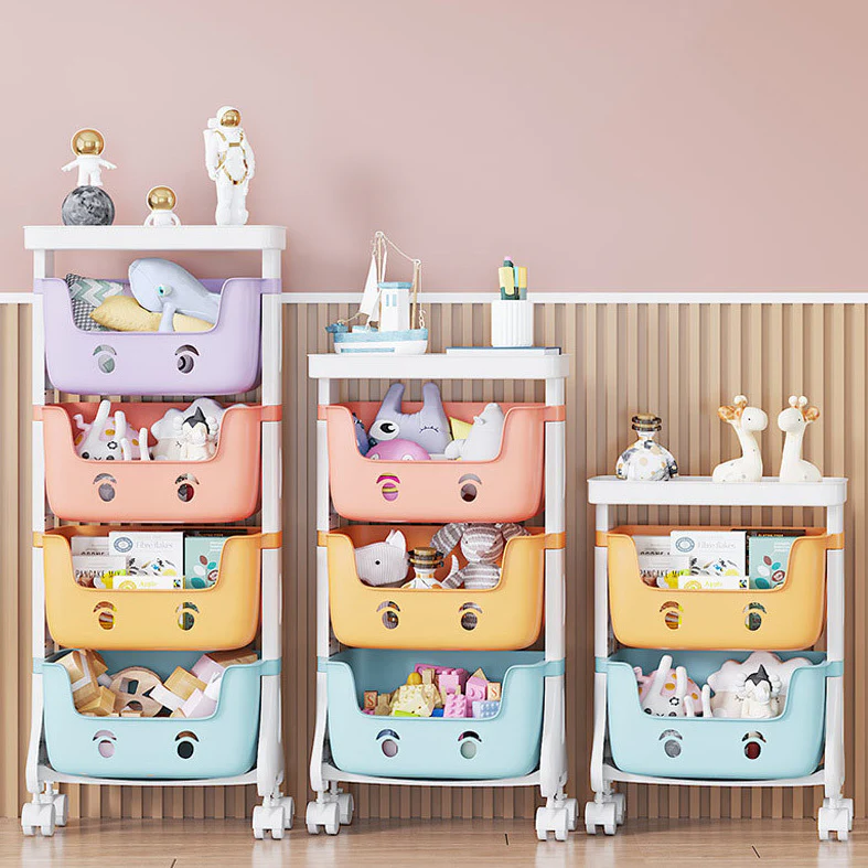 2-Tier Adorable Toy Shelf Organiser Trolley Storage Baskets with Wheels - Image 6