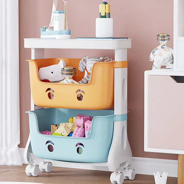2-Tier Adorable Toy Shelf Organiser Trolley Storage Baskets with Wheels - Image 9