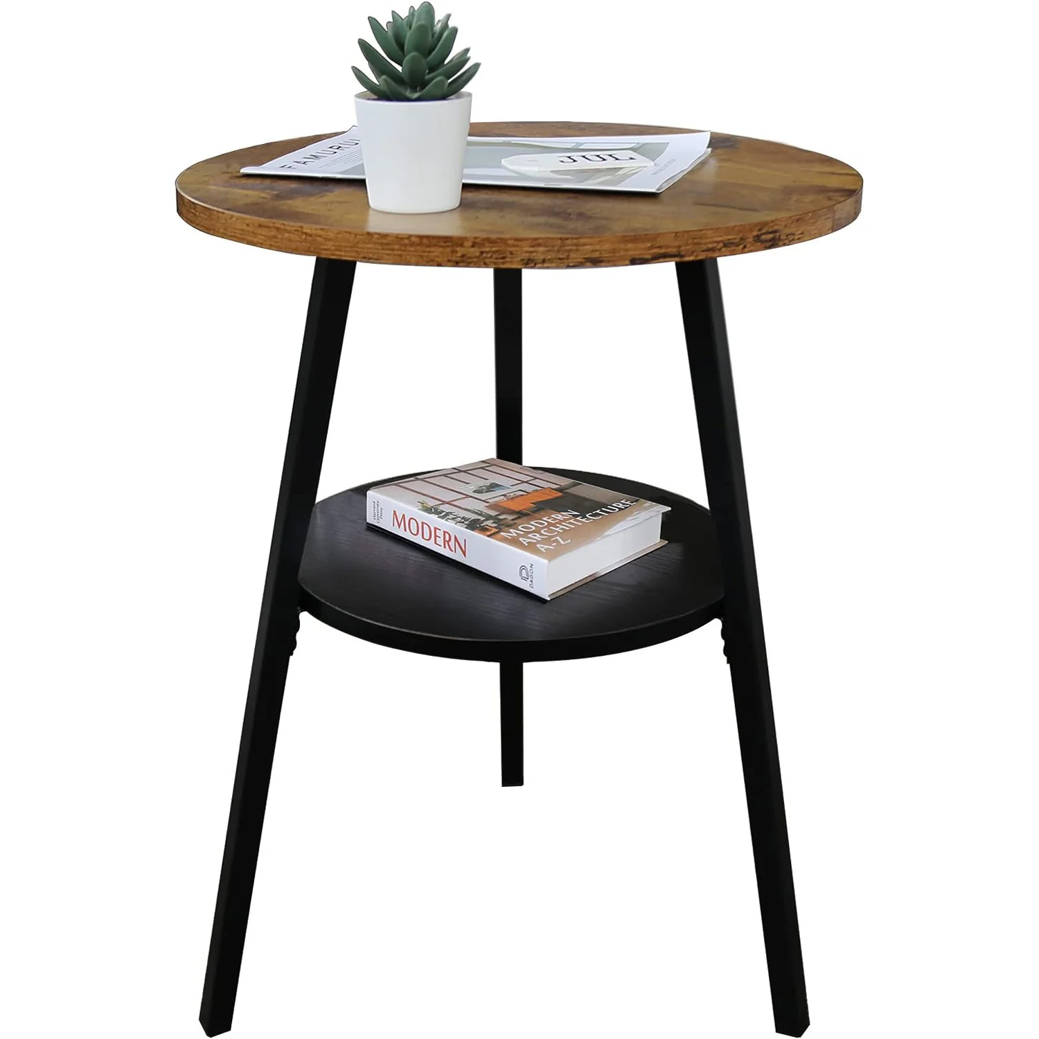 2-Tier Charisma Premium Rustic Wood & Steel Round End Sofa Side Coffee Table - Image 2