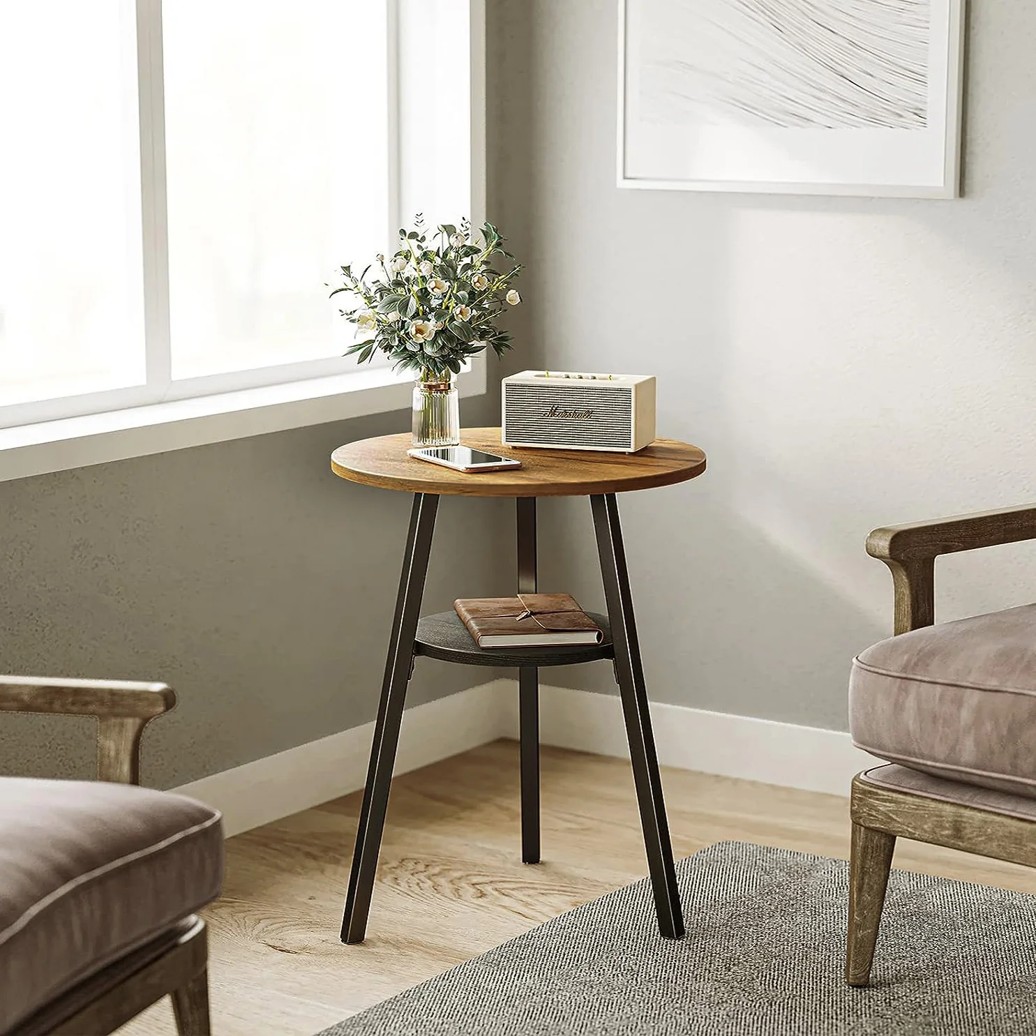 2-Tier Charisma Premium Rustic Wood & Steel Round End Sofa Side Coffee Table - Image 3