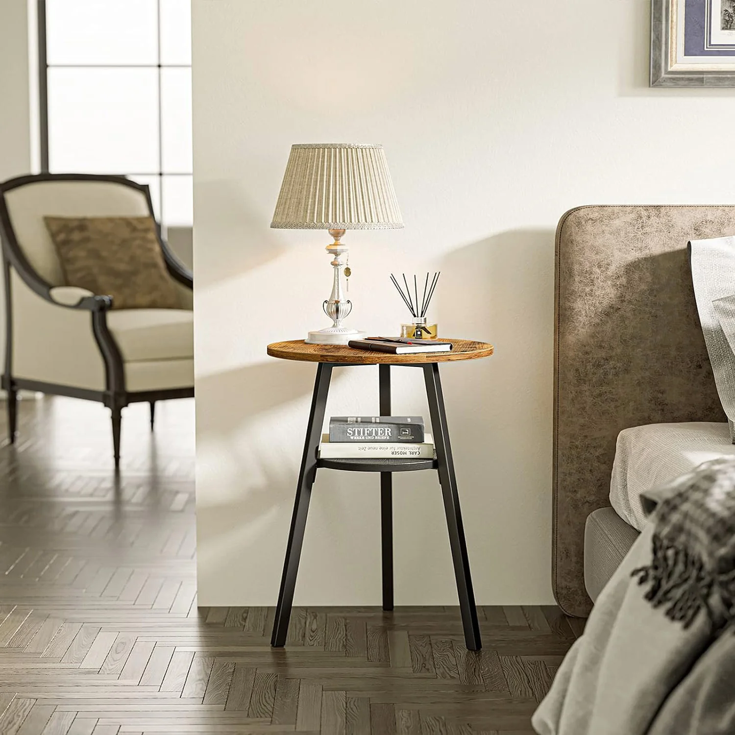 2-Tier Charisma Premium Rustic Wood & Steel Round End Sofa Side Coffee Table - Image 8