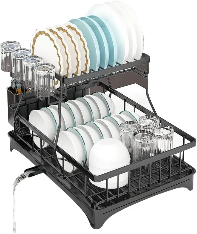 2-Tier Dish Drying Rack Kitchen Drainer Organizer with Cutlery Holder (Black) - Image 11