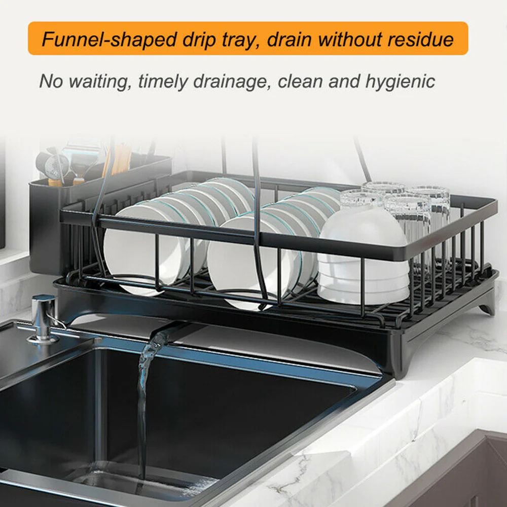 2-Tier Dish Drying Rack Kitchen Drainer Organizer with Cutlery Holder (Black) - Image 15
