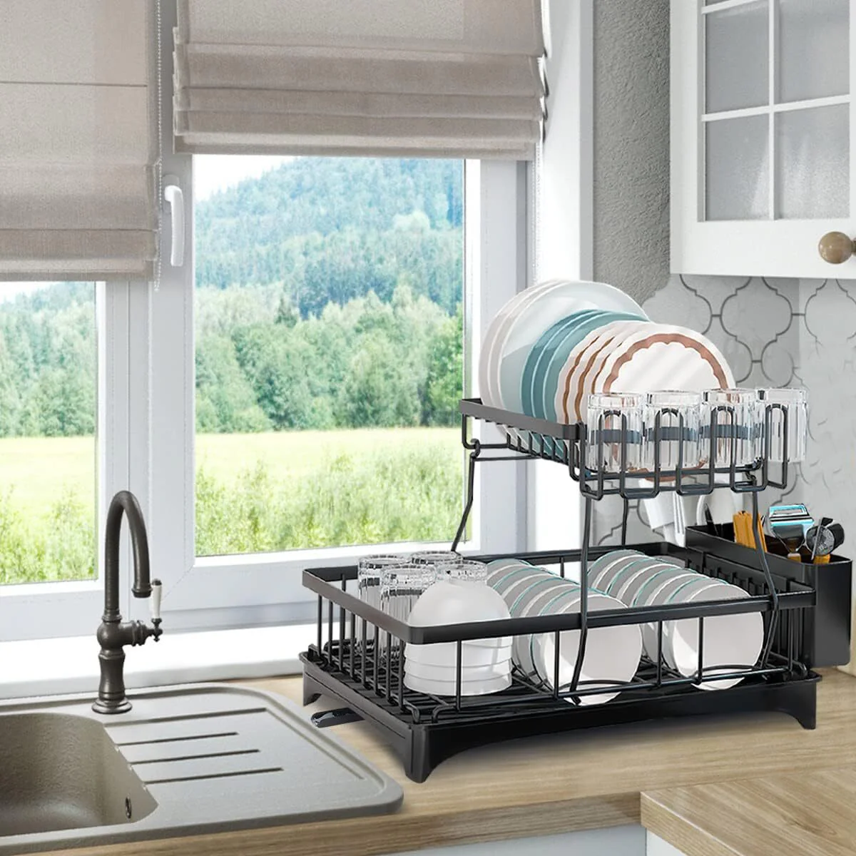 2-Tier Dish Drying Rack Kitchen Drainer Organizer with Cutlery Holder (Black) - Image 3
