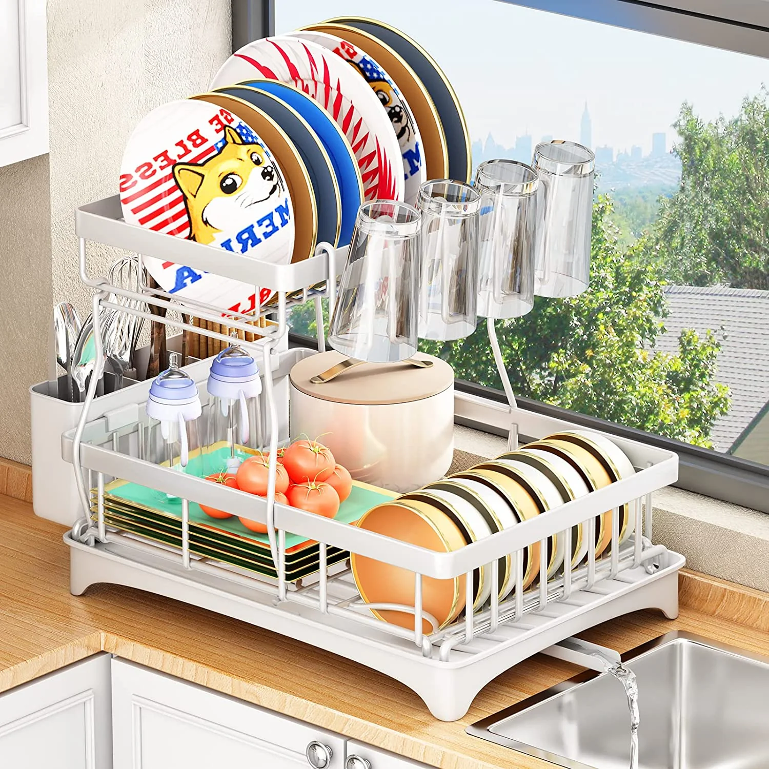 2-Tier Dish Drying Rack Kitchen Drainer Organizer with Cutlery Holder (White) - Image 7