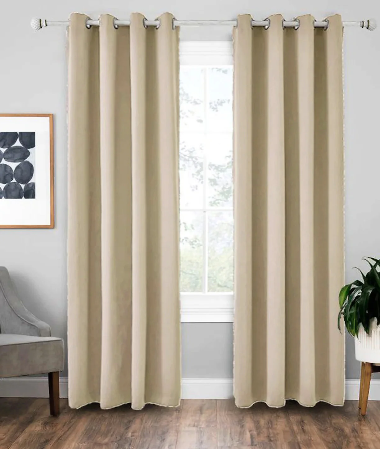2 X Blackout 3 Layers Eyelet Curtain Drapes - Beige - Image 3