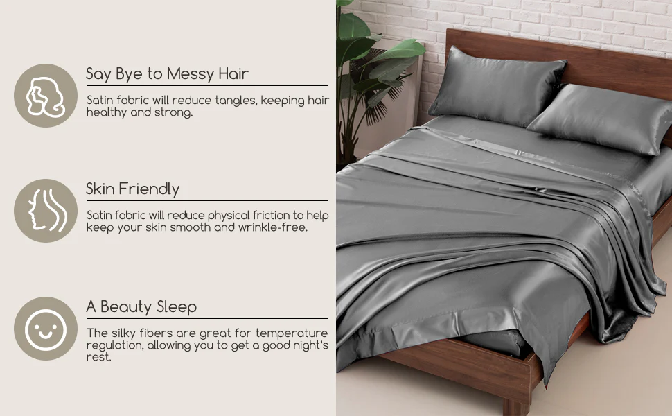 2 x Luxury Silk Satin Bedding Pillowcases Pillow Cases (Grey) - Image 4