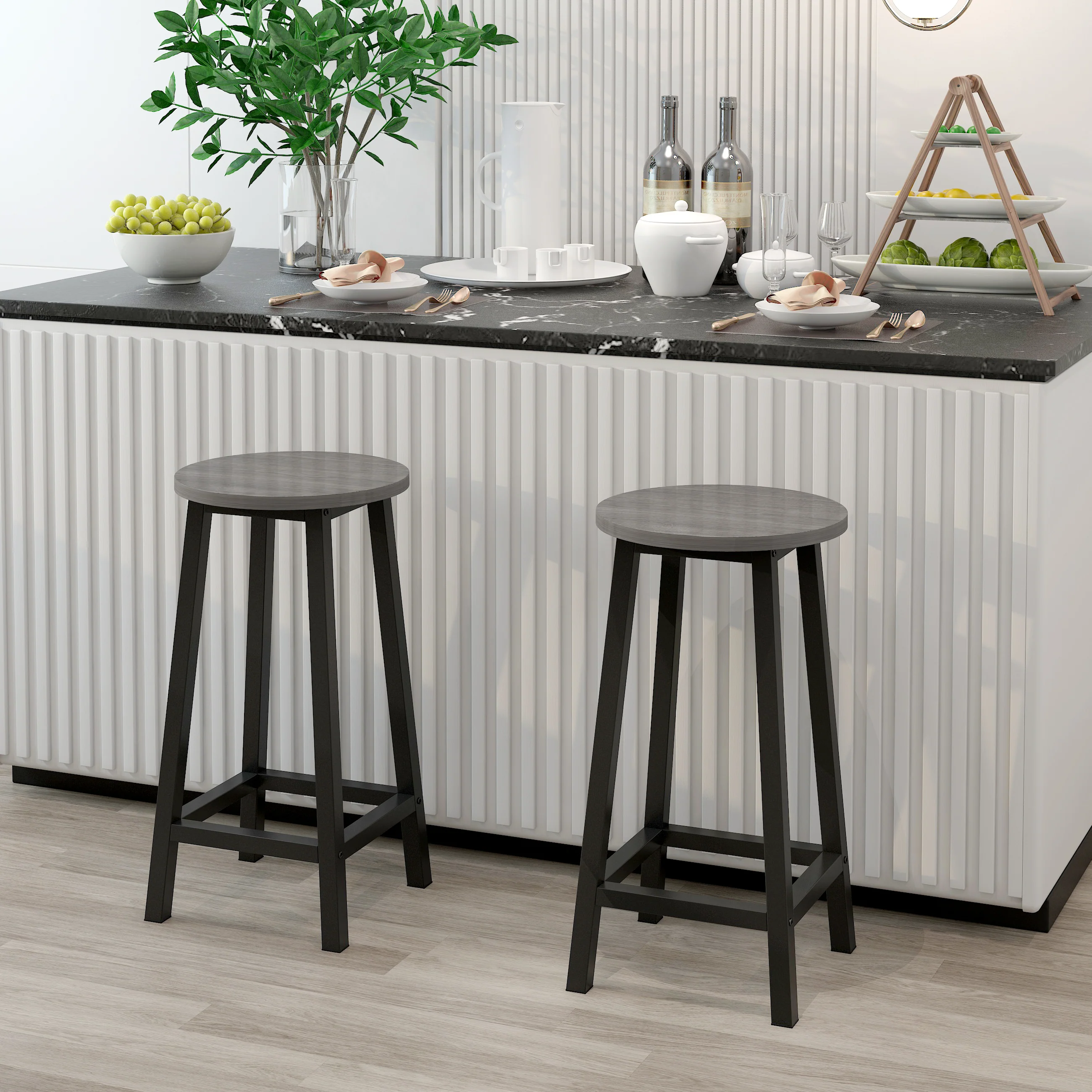 Modern Industrial Bar Stool Wood & Metal Kitchen Counter Seating (Rustic Grey) - Image 2