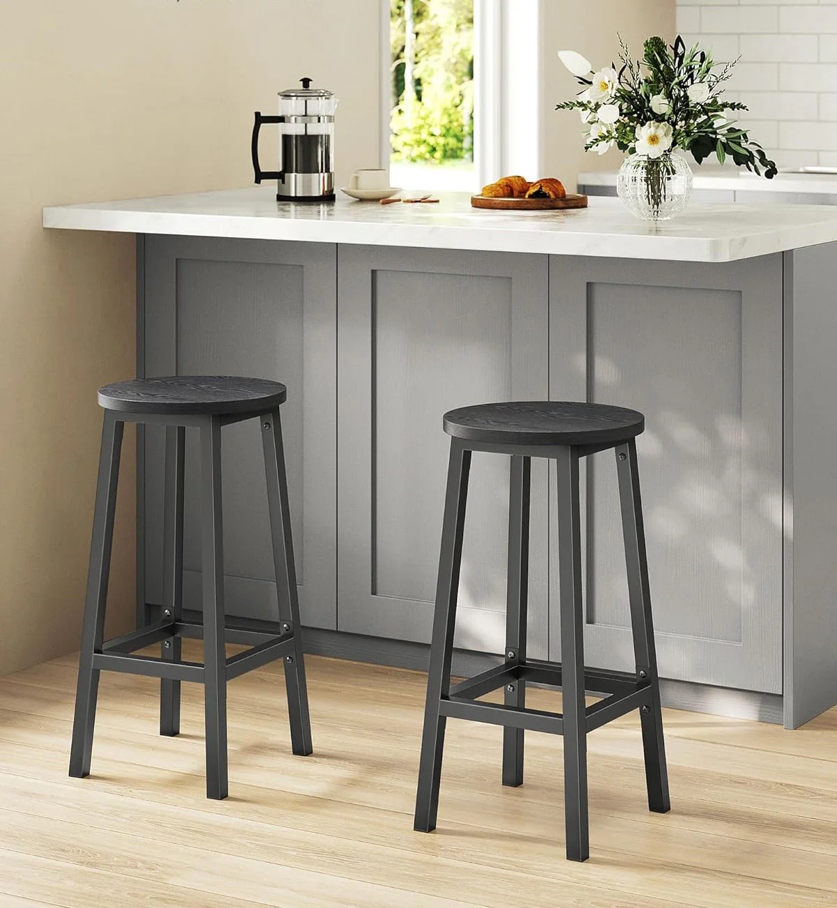 2 x Modern Industrial Bar Stools Black Wood & Metal Kitchen Counter Seating - Image 3